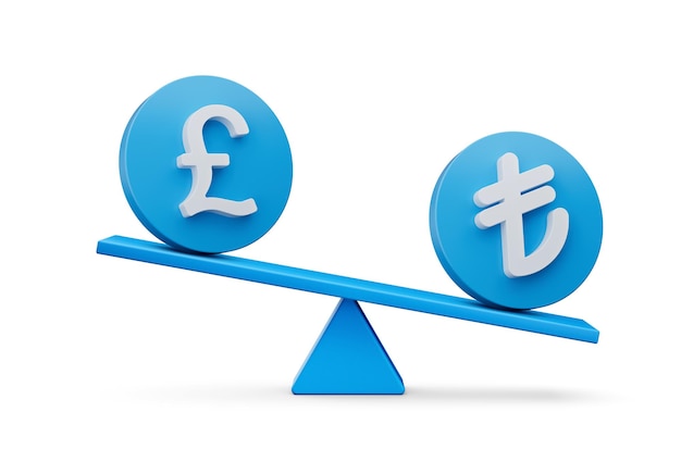 3D biały Lira i symbol funta na zaokrąglonych niebieskich ikonach z 3d Balance Weight Huśtawka 3d ilustracja