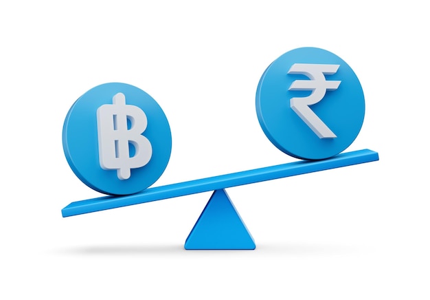 3d biały symbol bahta i rupii na zaokrąglonych niebieskich ikonach z 3d równowagi waga huśtawka 3d ilustracja