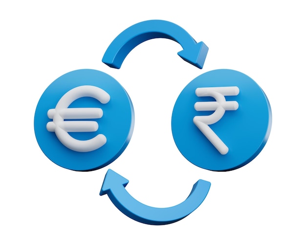 3D biały symbol euro i rupii na zaokrąglonych niebieskich ikonach z strzałkami wymiany pieniędzy ilustracja 3d