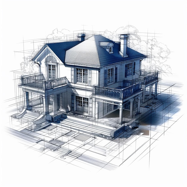 3D blueprint house illustration with white background image AI Generated art