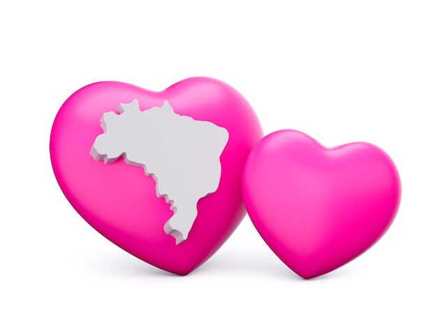 3d błyszczące różowe serca z 3d białą mapą Brazylii izolowane na białym tle ilustracja 3d