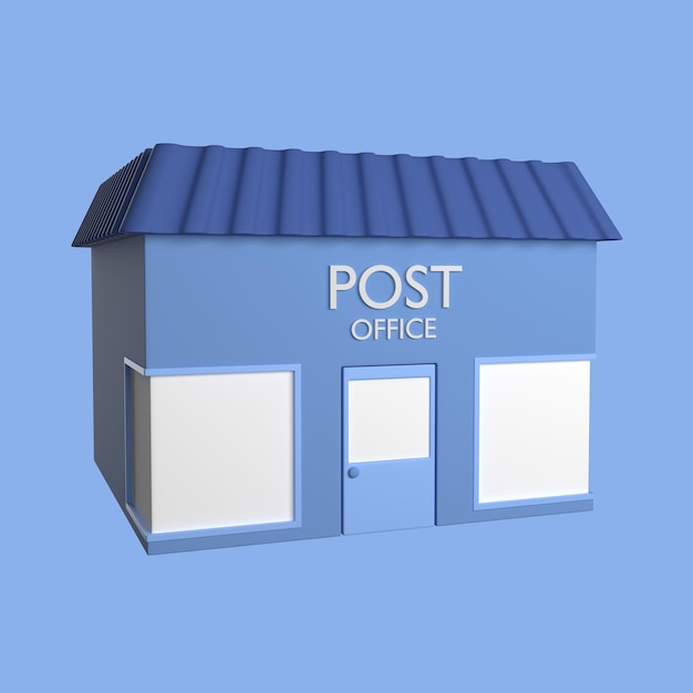 3d budynek usługi pocztowe na białym tle na niebieskim tle. renderowanie 3D