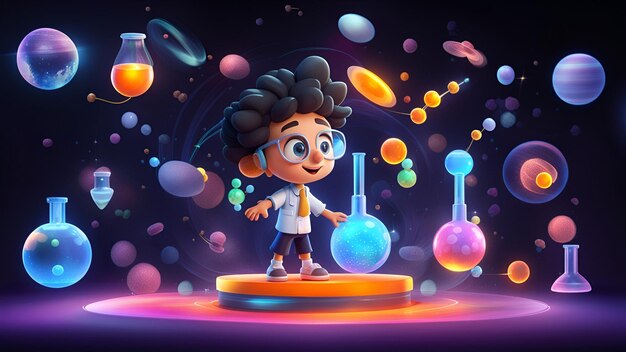 3D Cartoon Scientist Kid bawiący się instrumentami na tle chemicznym