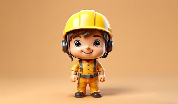 3d Cartoon Worker Słodki chłopiec C z żółtym hełmem i słuchawkami