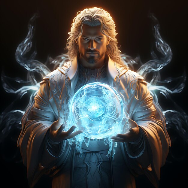 Zdjęcie 3d character mężczyzna elemental ethereal glowing trzymający kulę elemental mag game asset design art