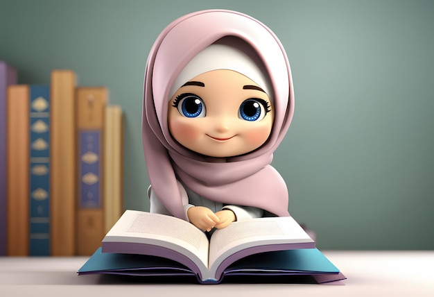 3D charakteru muzułmańskiego hidżabu dziewczyna śliczny uśmiech czyta książkę