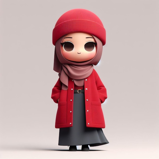 Zdjęcie 3d chibi postać modnej islamskiej kobiety w hidżabie