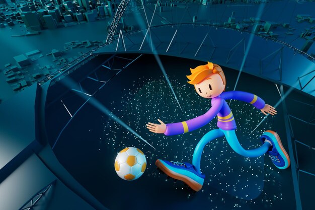 3D chłopiec postać piłkarz w akcji piłki nożnej 3d ilustracja sport tło koncepcja mężczyźni kopać ruch sport akcja osoba graficzna tapeta kreskówka gra piłka nożna kreatywny układ plakatu