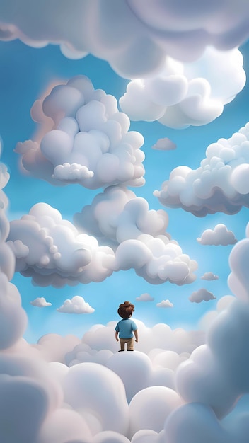 3D chłopiec stojący na chmurach ilustracja