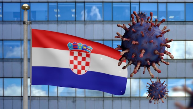 3D, chorwacka flaga powiewająca z nowoczesnym wieżowcem i epidemią koronawirusa jako niebezpieczna grypa. Wirus grypy typu Covid 19 z narodowym chorwackim sztandarem dmuchającym w tle. Koncepcja ryzyka pandemii