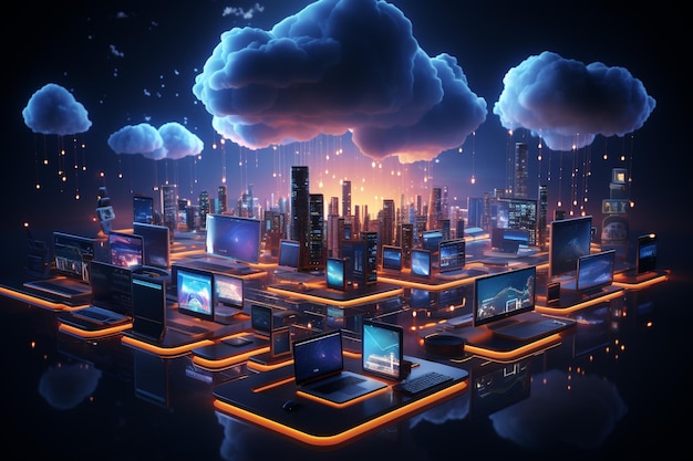 3D Cloud Computing Ilustracja Hosting Technologia z urządzeniami elektronicznymi