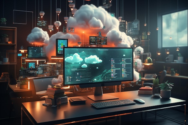 3D Cloud Computing Ilustracja Hosting Technologia z urządzeniami elektronicznymi