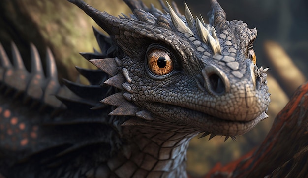 3D Cute Baby Black Dragon spójrz w kamerę Wysokiej jakości renderowanie 3D cute czarnego smoka