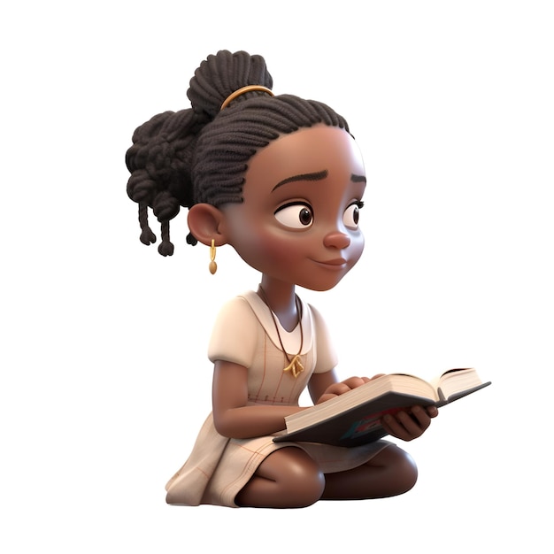 3D cyfrowy render małej afroamerykańskiej dziewczyny czytającej książkę odizolowaną na białym tle