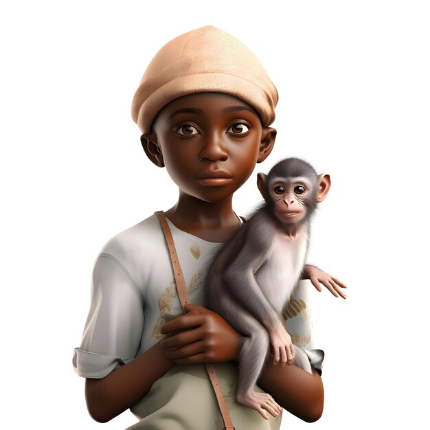 3D cyfrowy render uroczego afrykańskiego chłopca z małpą izolowaną na białym tle