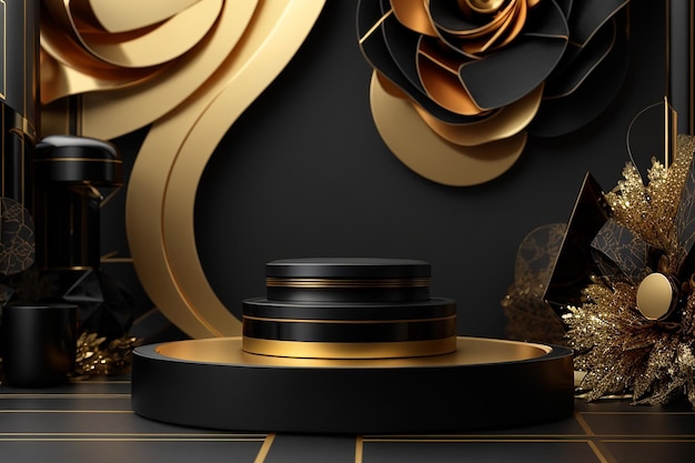 3d czarno-złota makieta produktu na podium z abstrakcyjnym tłem 3d render ilustracji