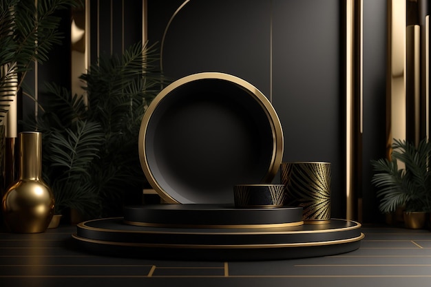 3d czarno-złota makieta produktu na podium z abstrakcyjnym tłem 3d render ilustracji