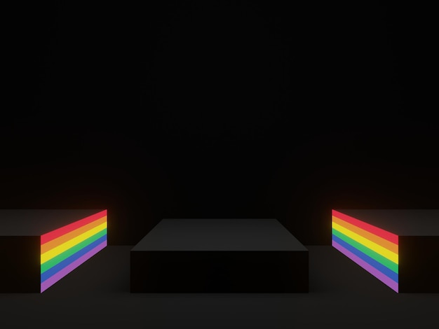 3D czarny wyświetlacz podium białe tęczowe neony