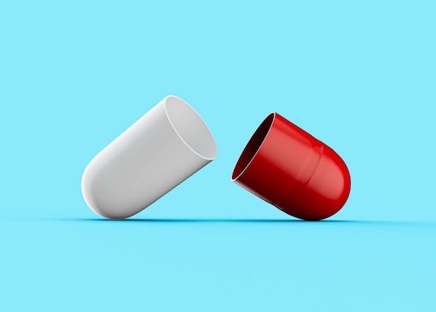 3d Czerwona i biała otwarta farmaceutyczna kapsułka antybiotyczna na miękkim niebieskim tle 3d ilustracja