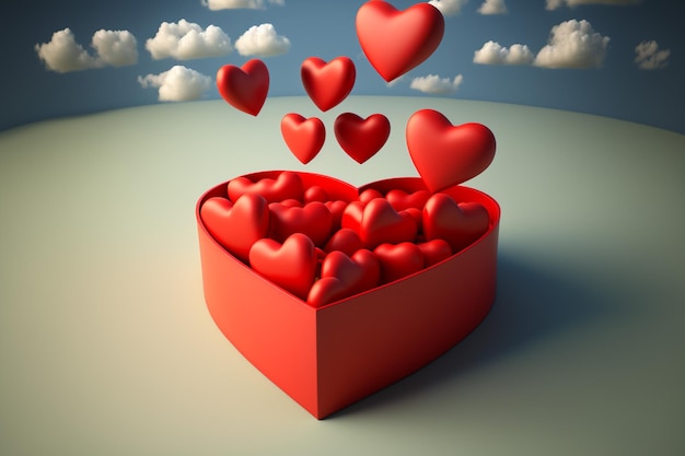 3D czerwone serca wychodzące z pudełka w kształcie serca na pochmurnym tle