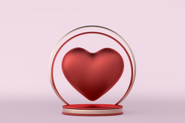 3D czerwone złote okrągłe podium, cokół z romantycznym sercem walentynkowym. Miłość szablon tło dla promocji sprzedaży. Scena kreatywna na 14 lutego