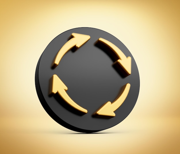 Zdjęcie 3d cztery złote strzały symbol recyklingu z zaokrągloną czarną ikoną na złotym tle ilustracja 3d