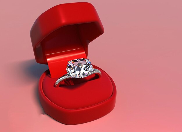3D diamentowy pierścionek w czerwonym pudełku z kwiatem walentynki w tle
