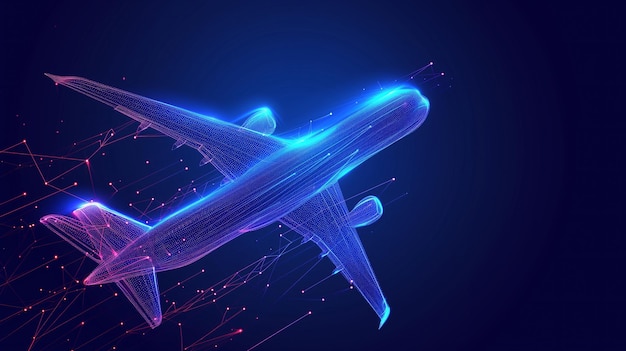 3d Digital Neon Futuristic Airplane: Przyszłe lotnictwo, nowoczesna technologia, transport lotniczy, koncepcja podróży