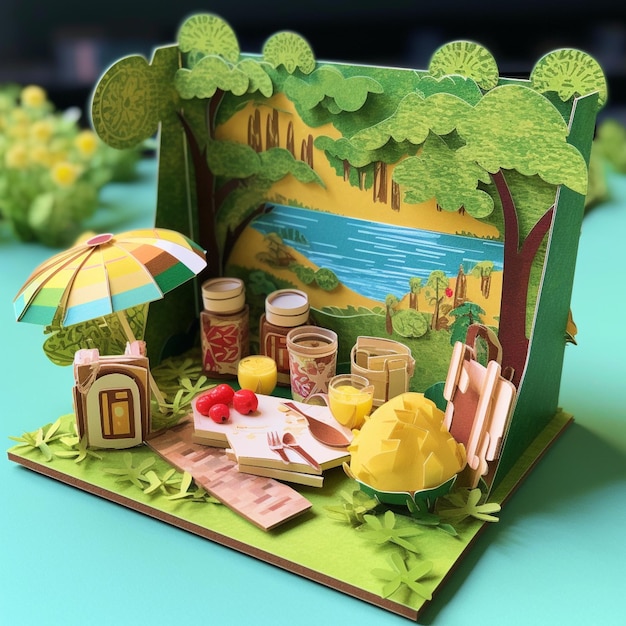 3D diorama letni piknik w przyrodzie z papieru