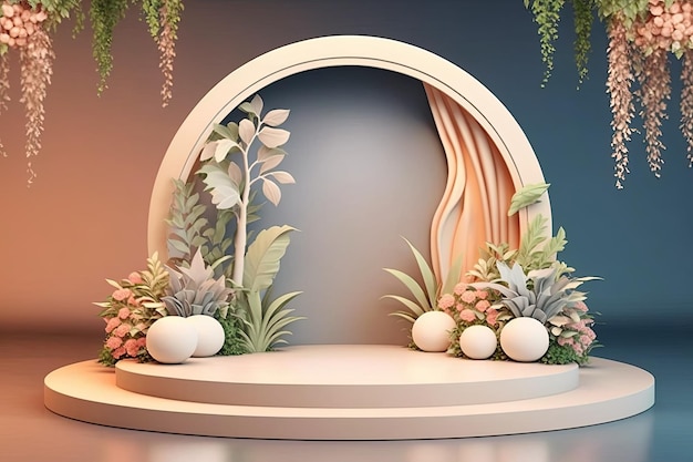 3D drewniana okrągła scena na podium otoczona roślinami kwiatowymi Generative AI