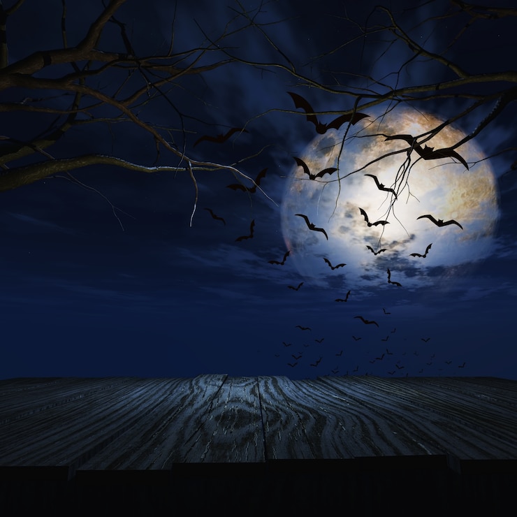 Zdjęcie 3d drewniany stół przeciw halloweenowemu noc krajobrazowi