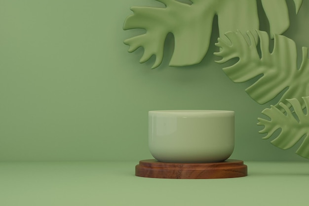 3D drewniany wyświetlacz podium na zielonym tle z liśćmi monstera i abstrakcyjnym tłem