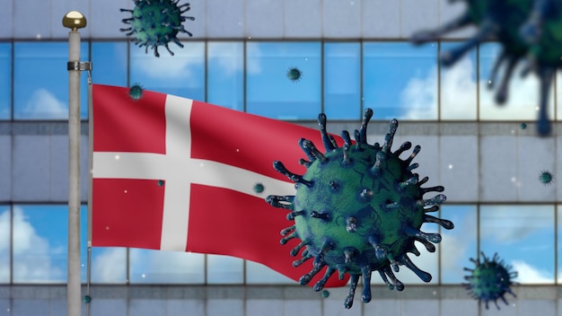 Zdjęcie 3d, duńska flaga macha z nowoczesnym wieżowcem i koncepcją ncov koronawirusa 2019. azjatycka epidemia w danii, koronawirusy grypy jako niebezpieczne przypadki szczepu grypy jako pandemia. wirus covid19
