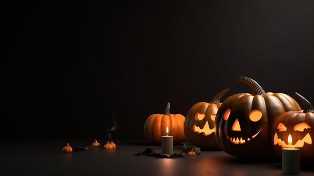 3D Dynia pomarańczowy kolor Wesołego Halloween na czarnym tle z miejsca kopiowania dla produktu Generative AI