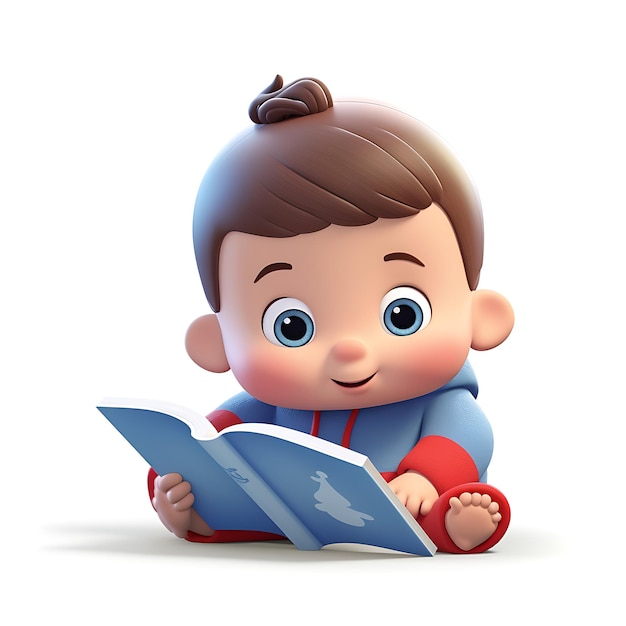 3D dziecko kreskówka czytanie książki na białym tle