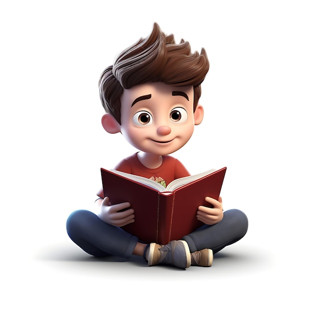 3D dziecko kreskówka czytanie książki na białym tle
