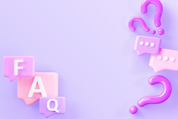 3d faq mowa pęcherzyk ikony render fioletowe tło pytanie odpowiedź komunikacja baner dialogu społecznego z kolorem prostokątne skrzynki wiadomości czatu zapytać lub wątpić znaki i pusta przestrzeń
