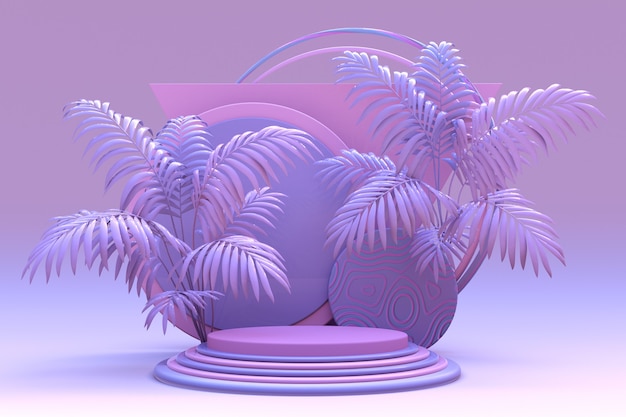 3d fioletowe pastelowe podium do promocji kompozycji geometrycznych obiektów z abstrakcyjną tropikalną palmą