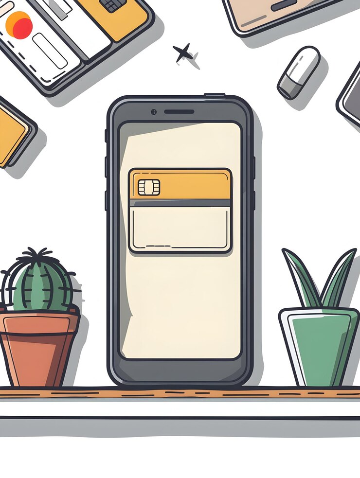 Zdjęcie 3d flat icon smartphone i karta kredytowa na stole koncepcja z czystym białym tłem izolowany cel