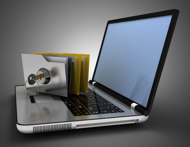 3D folder pakietu office i klucz na laptopie. Ilustracja 3D