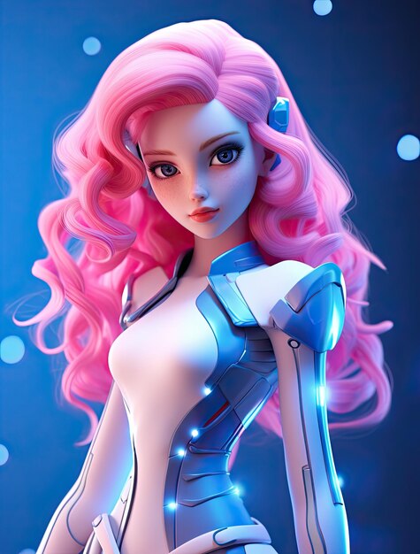 3D futurystyczna Barbie w różowej kurtce i cajgach kolorowa kreskówka