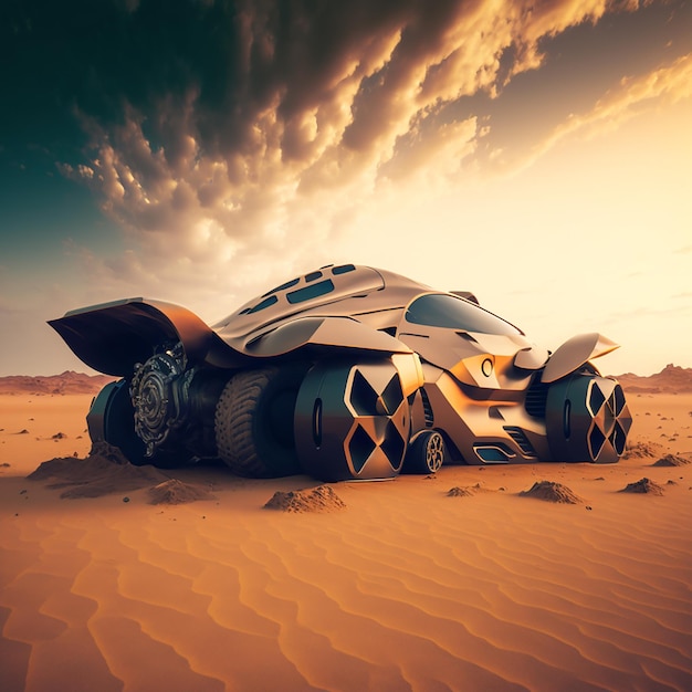 3D Futurystyczny samochód na pustyni z chmurami