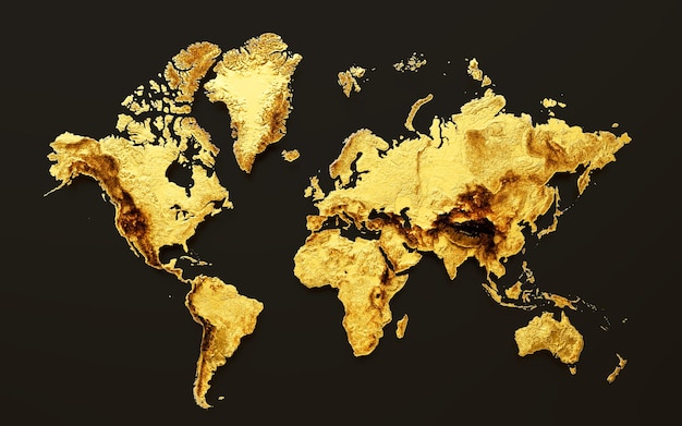 Zdjęcie 3d golden shiny world map golden metal hipsometryczna mapa na czarnym tle 3d ilustracji