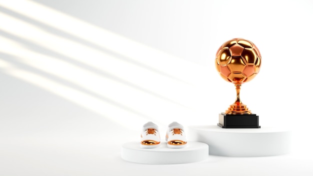 3D Golden Winning Soccer Trophy Cup z butami sportowymi na białym podium i przestrzenią do kopiowania