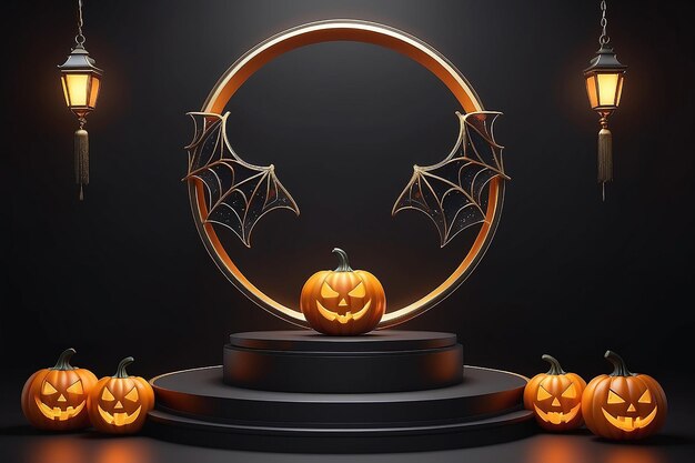 Zdjęcie 3d halloween tło piedestal podium na czarnym wyświetlaczu dyni z złotą i pomarańczową ramą