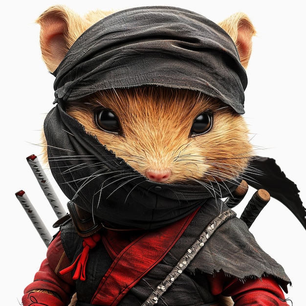 3D Hamster Assassin postać kreskówkowa z maską izolowaną na białym tle Realistyczny ninja hamster