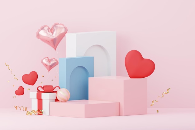 3D Happy Valentines Day Minimalna słodka scena miłosna z podium do makiety i prezentacji