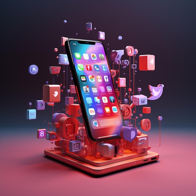 3D ikony mediów społecznościowych ze smartfonem