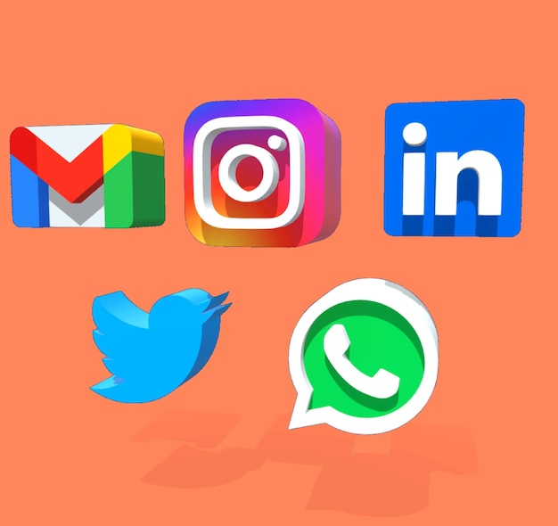 3D ikony sieci społecznościowych Mail Whatsapp Instagram LinkedIn i Twitter na pomarańczowym tle