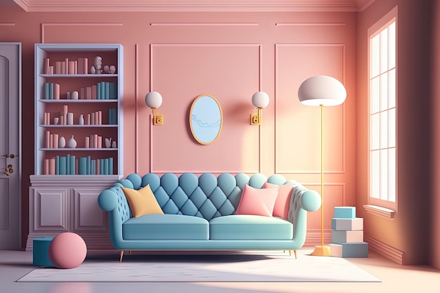 3d illustrastion pastelowy kolor kreskówka ciepły pokój w domu
